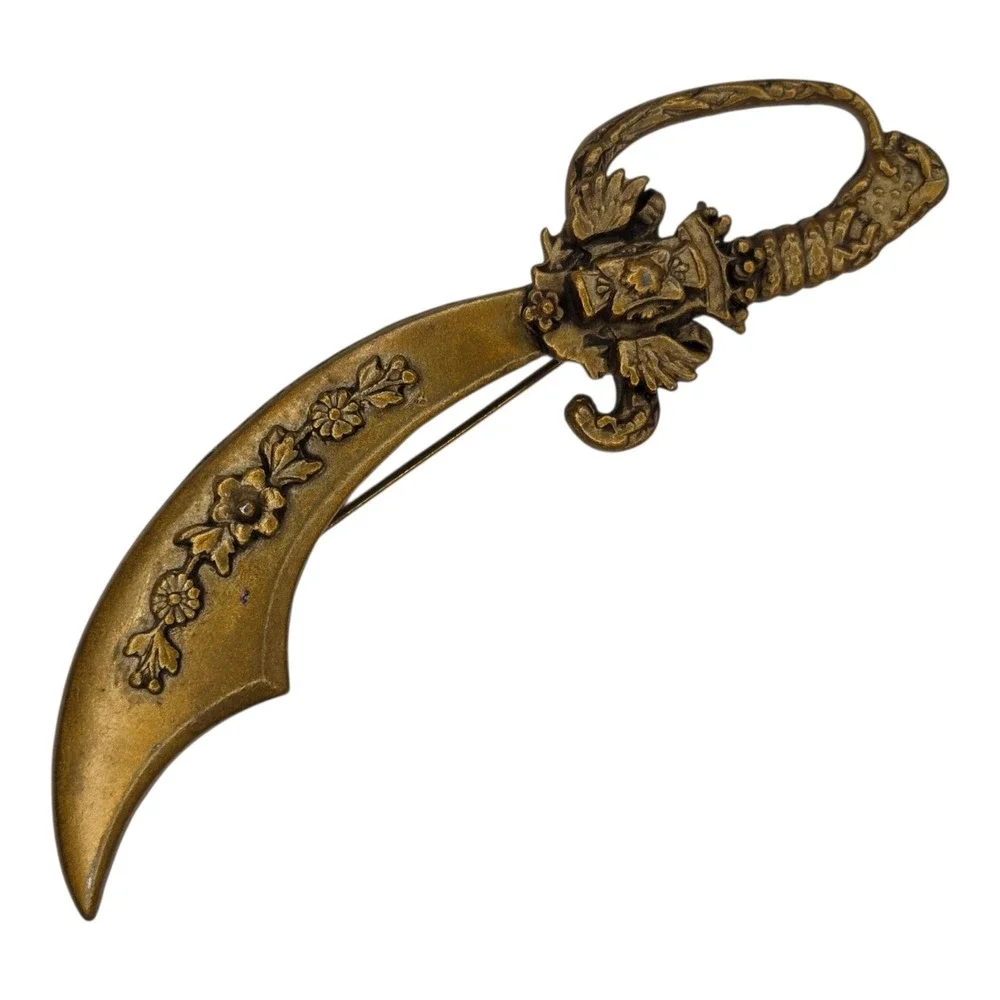 Vintage Scimitar Sword Brooch Pin Gold Tone Floral Ornate Medieval Costume